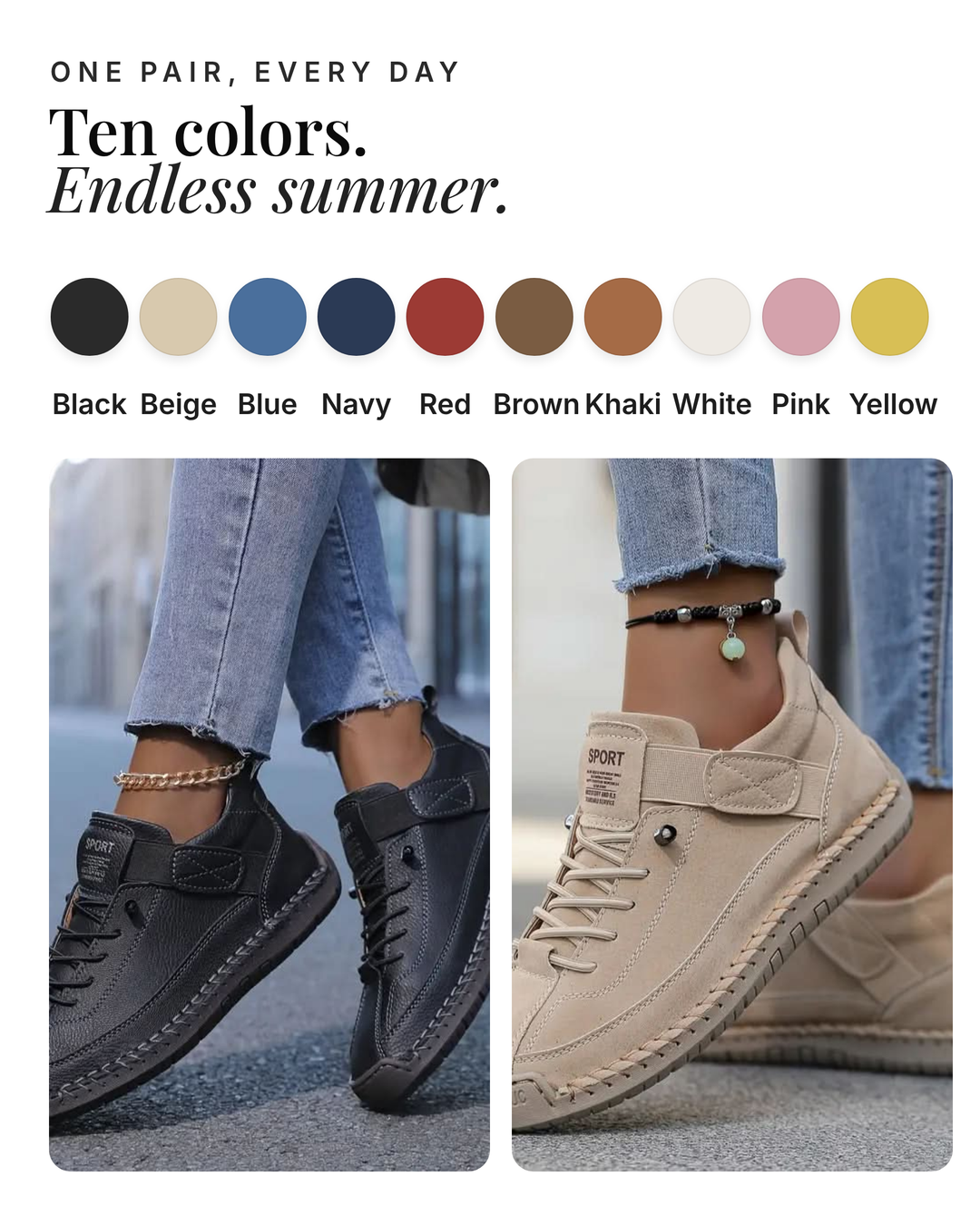 Michele | Lightweight Orthopedic Sneakers available in 10 colours: black, beige, blue, navy, red, brown, khaki, white, pink, yellow