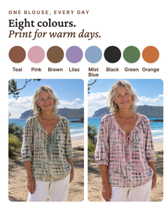 Mila | Boho Print Tie-Neck Blouse available in 8 colours: teal, pink, brown, lilac, mist blue, black, green, orange