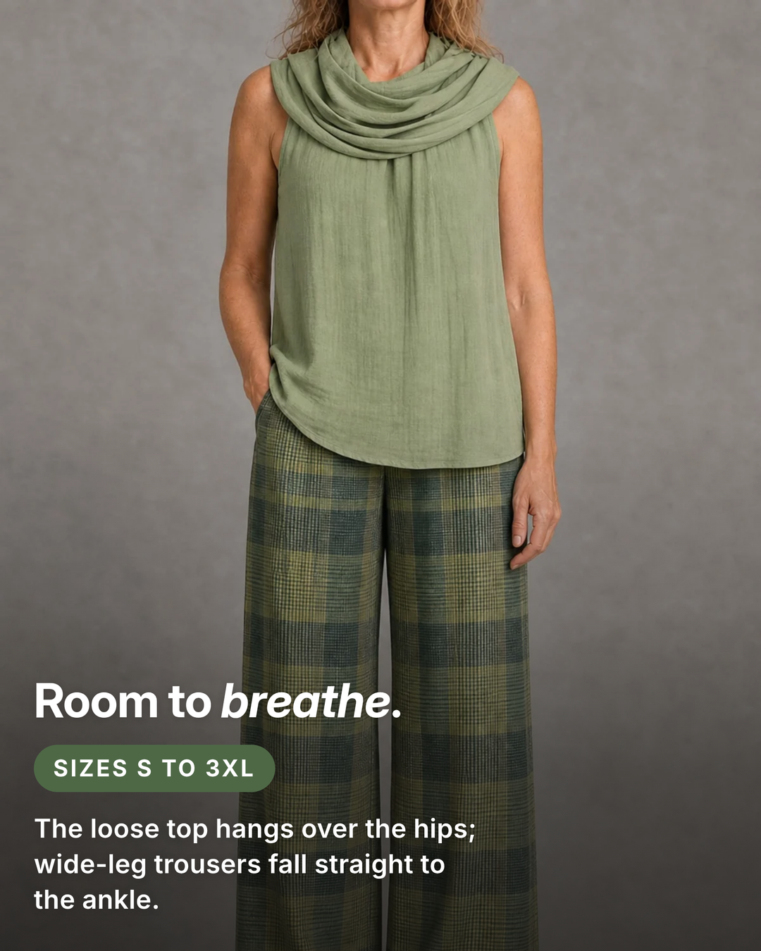 Nanci | Cowl-Neck Top and Plaid Trouser Set fit and sizes
