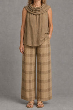 Cowl-neck top and plaid wide-leg trouser set in camel
