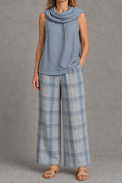 Cowl-neck top and plaid wide-leg trouser set in light blue