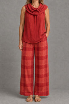 Cowl-neck top and plaid wide-leg trouser set in red