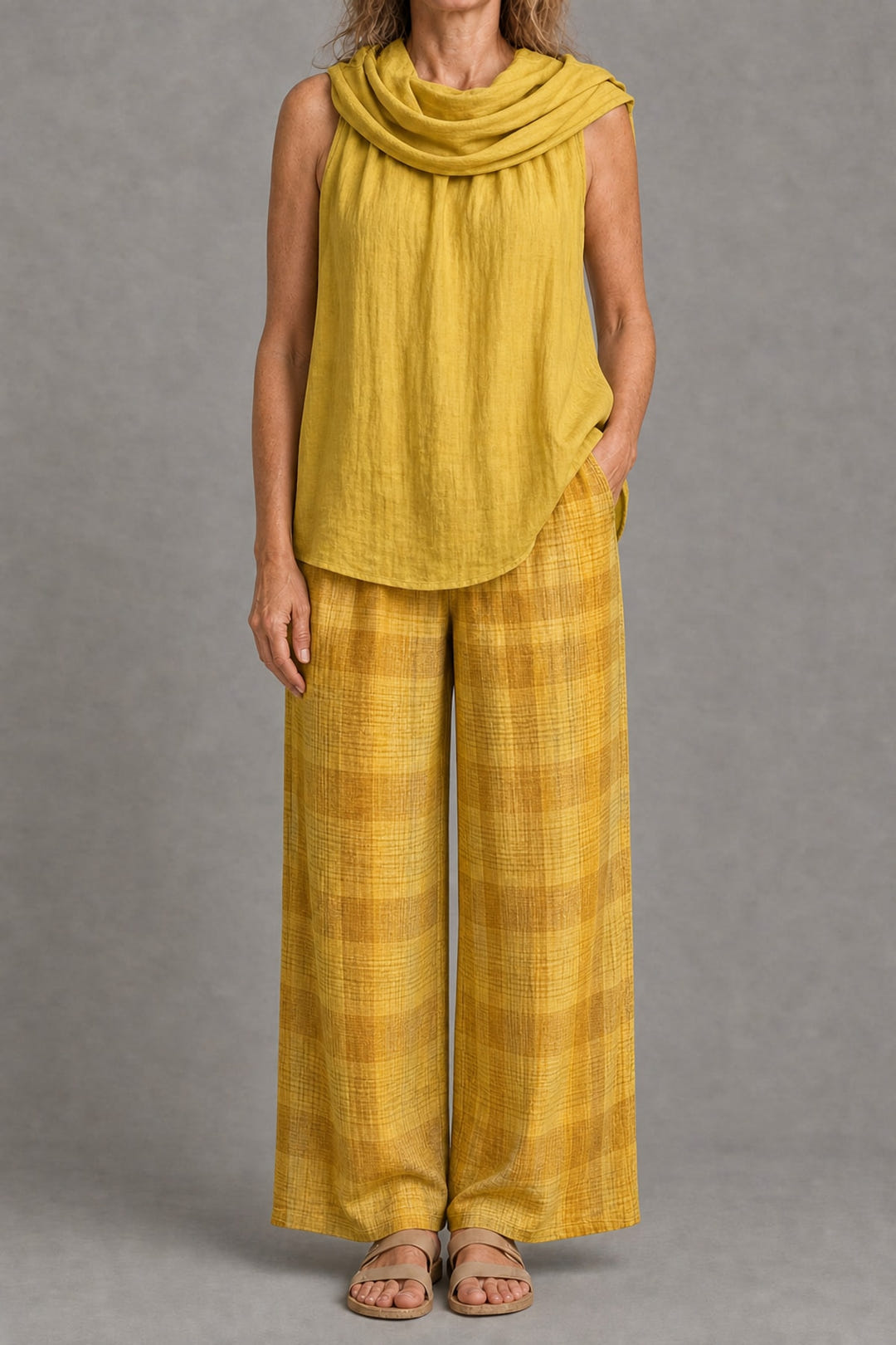 Cowl-neck top and plaid wide-leg trouser set in yellow