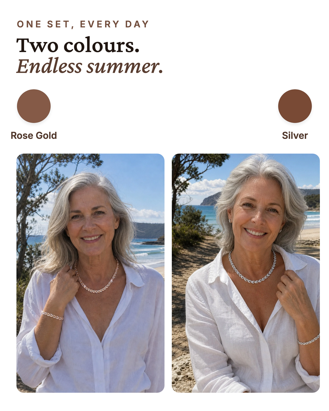 Neve | Rhinestone Fish-Tail Necklace & Bracelet Set available in 2 colours: rose gold, silver
