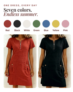 Noeleen | Cotton Zip-Pocket Dress available in 7 colours: red, black, white, green, blue, yellow, pink