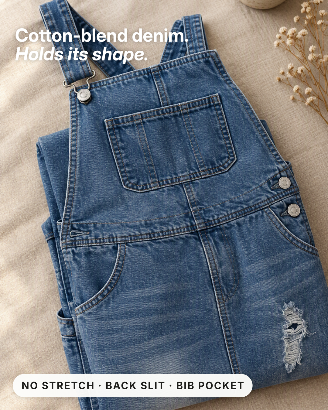 Patsy | Back-Slit Denim Overall Dress fabric close-up