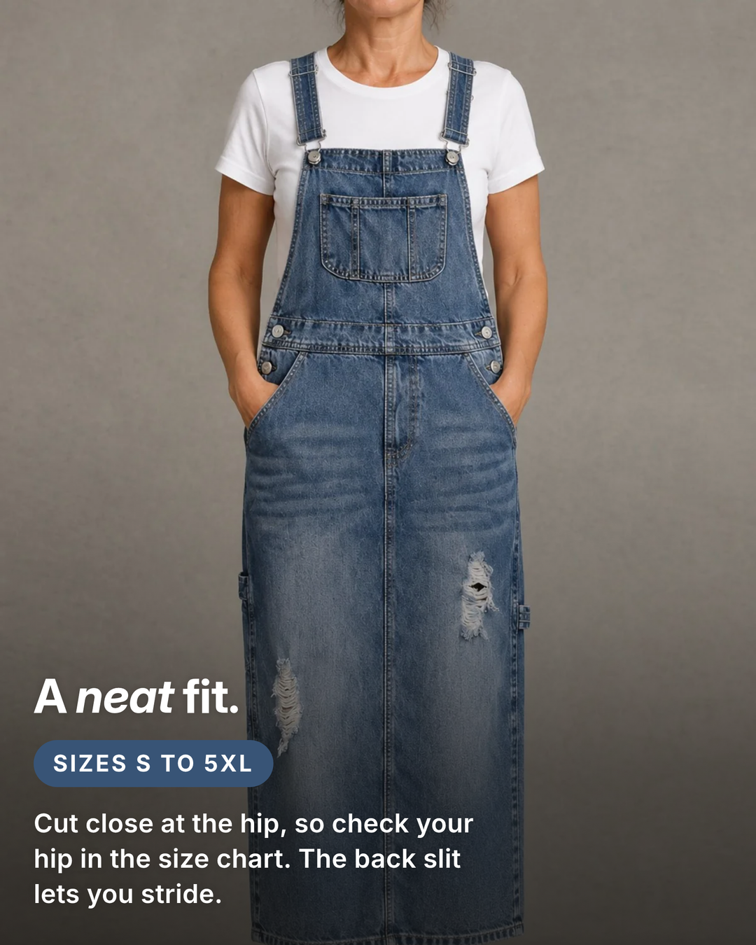 Patsy | Back-Slit Denim Overall Dress fit and sizes