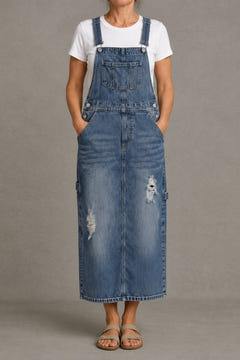 Back-Slit Denim Overall Dress in blue