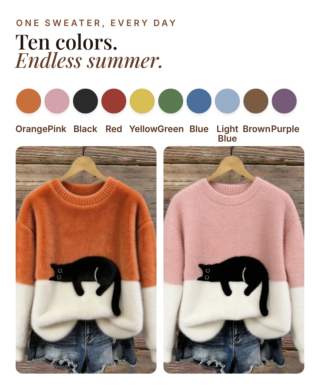 Pyper | Cosy Cat Graphic Sweater available in 10 colours: orange, pink, black, red, yellow, green, blue, light blue, brown, purple
