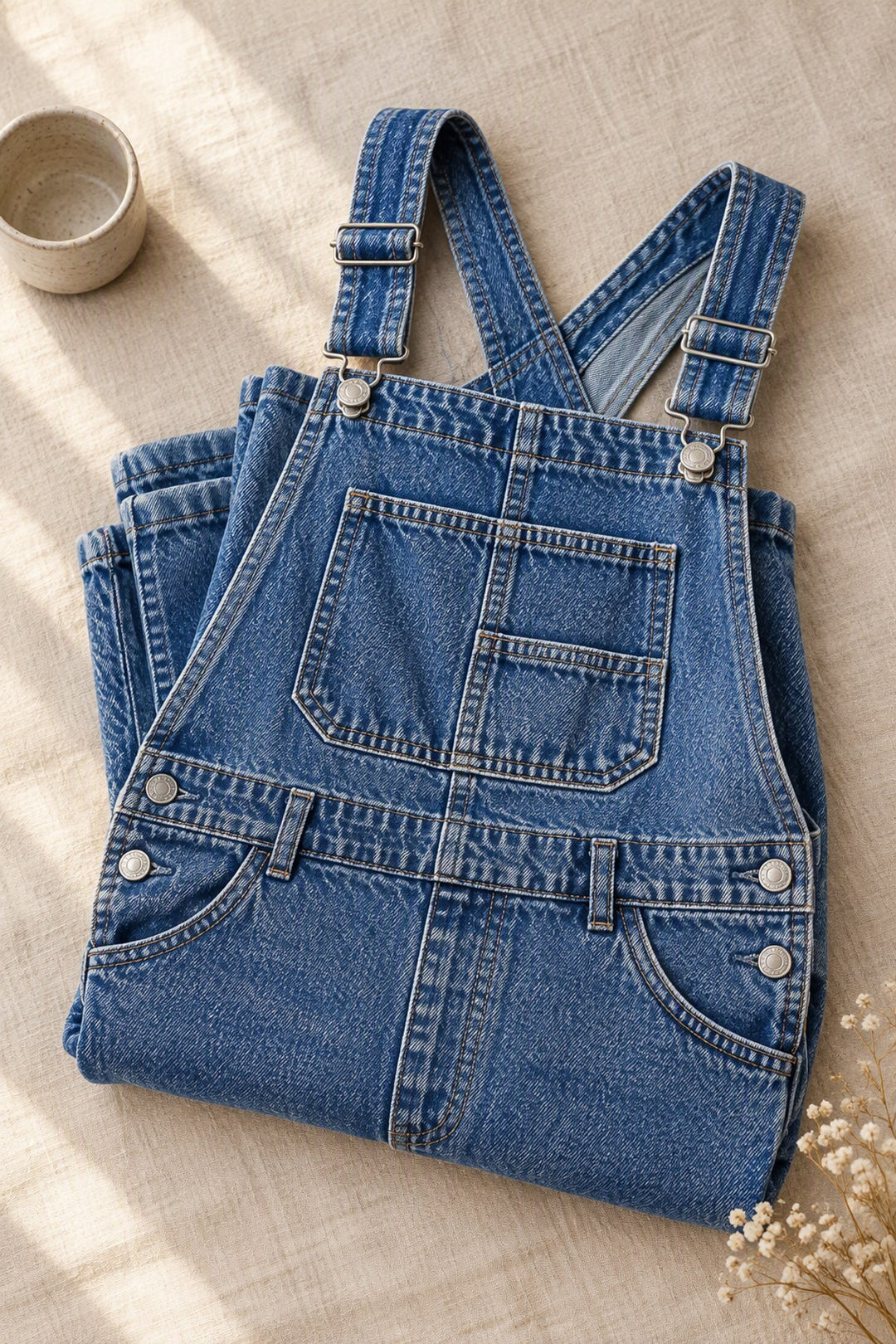 Close-up of the washed denim, bib pocket and metal buckle