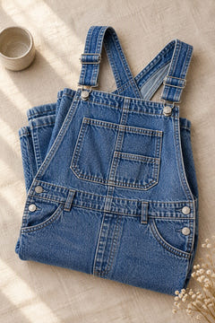 Close-up of the washed denim, bib pocket and metal buckle