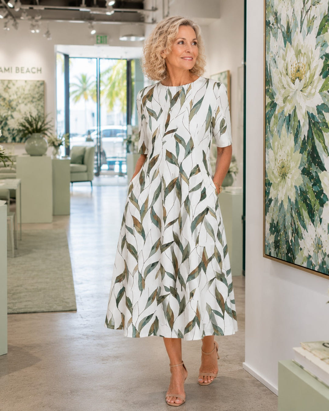 Green leaf midi dress worn with nude sandals