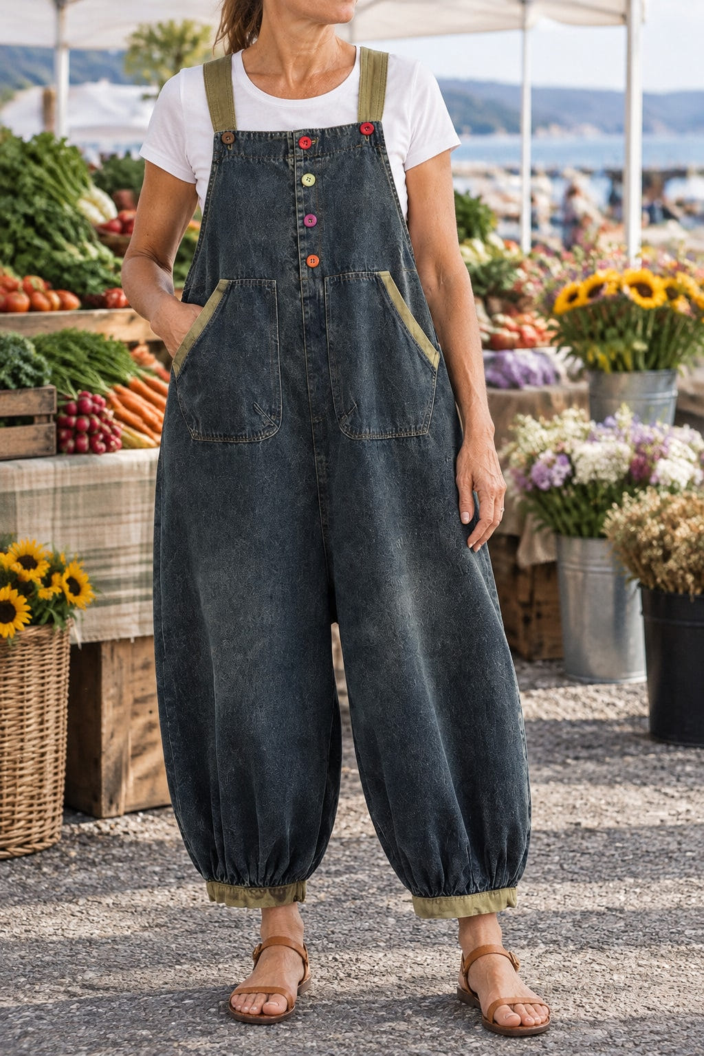 Balloon-leg denim overalls at a weekend market