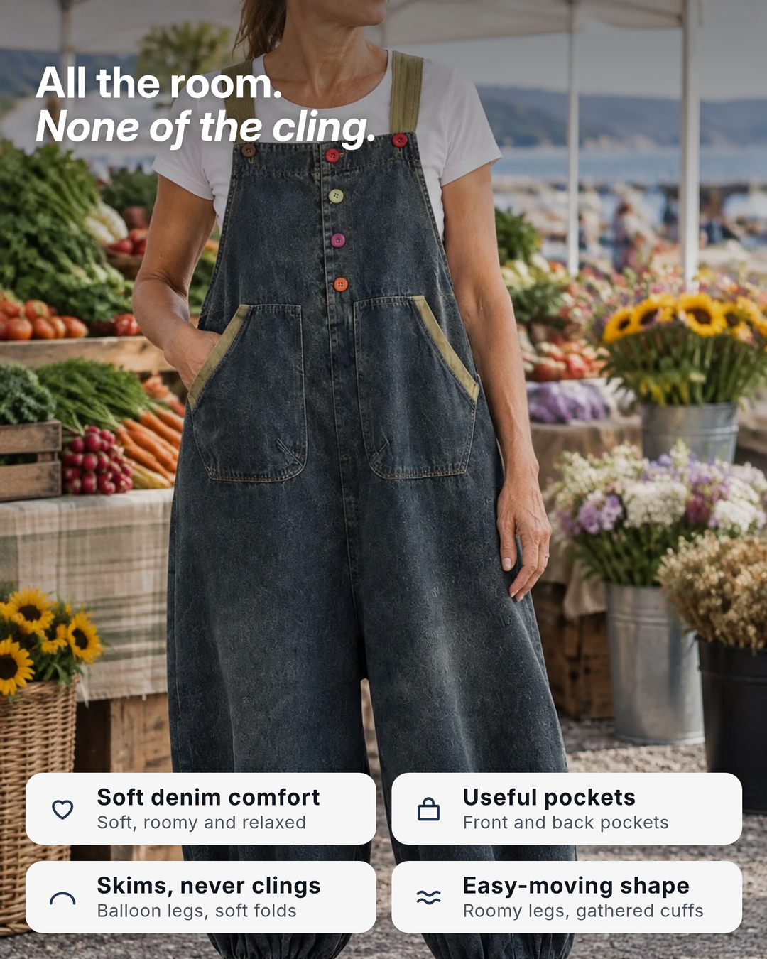Rosanne | Balloon-Leg Denim Overalls benefits