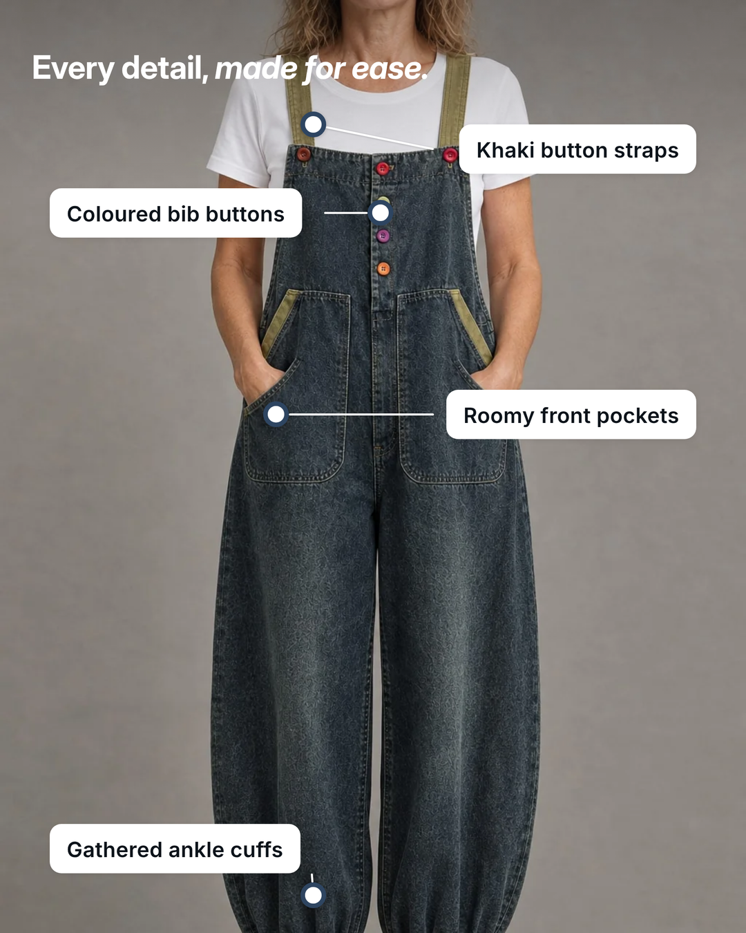 Rosanne | Balloon-Leg Denim Overalls details