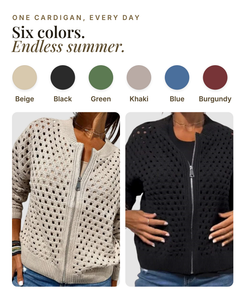 Roselyn | Hollow-Knit Zip Cardigan available in 6 colours: beige, black, green, khaki, blue, burgundy