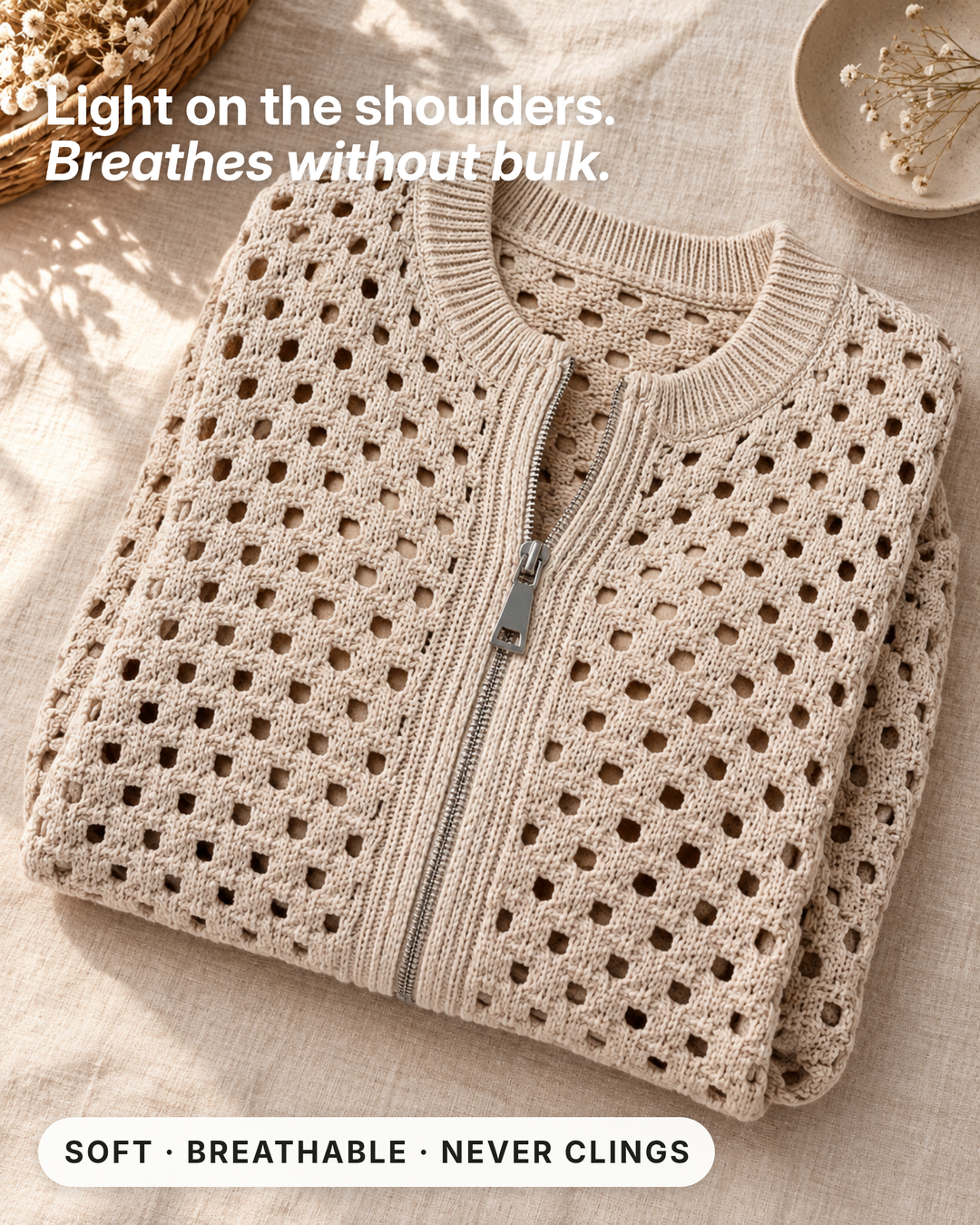 Roselyn | Hollow-Knit Zip Cardigan fabric close-up
