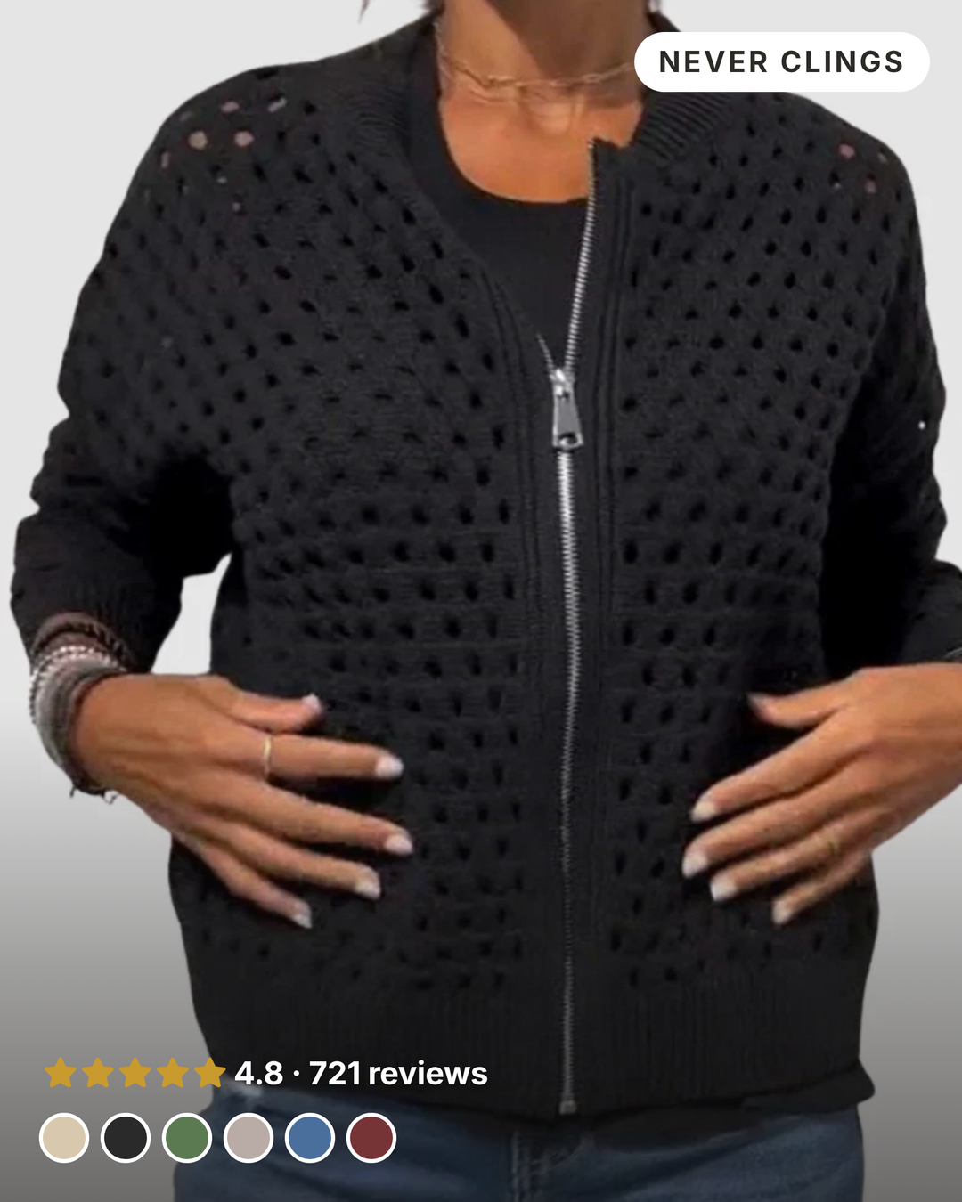 Roselyn | Hollow-Knit Zip Cardigan in black