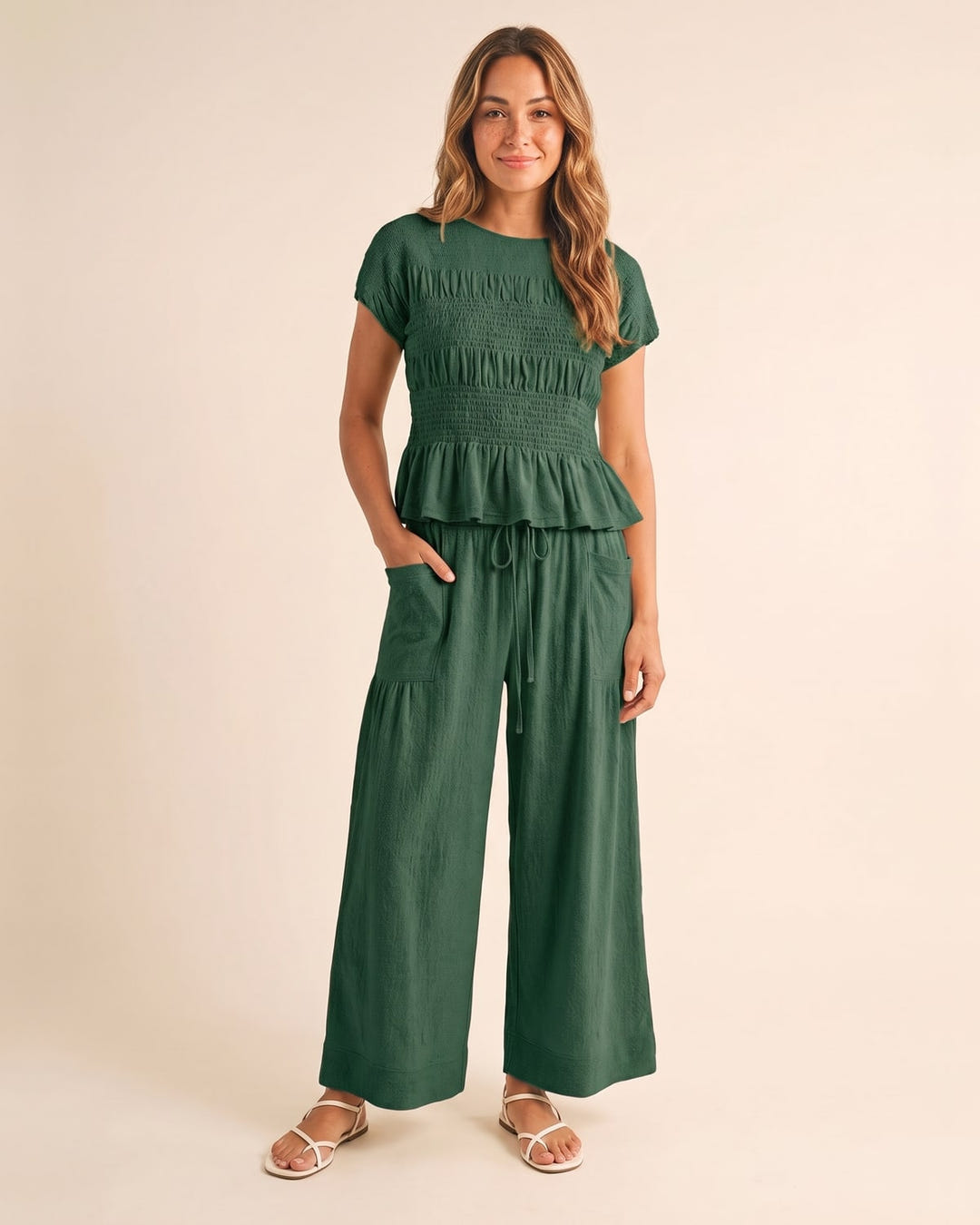Smocked top and wide-leg pants set in sage, full length