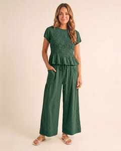 Smocked top and wide-leg pants set in sage, full length