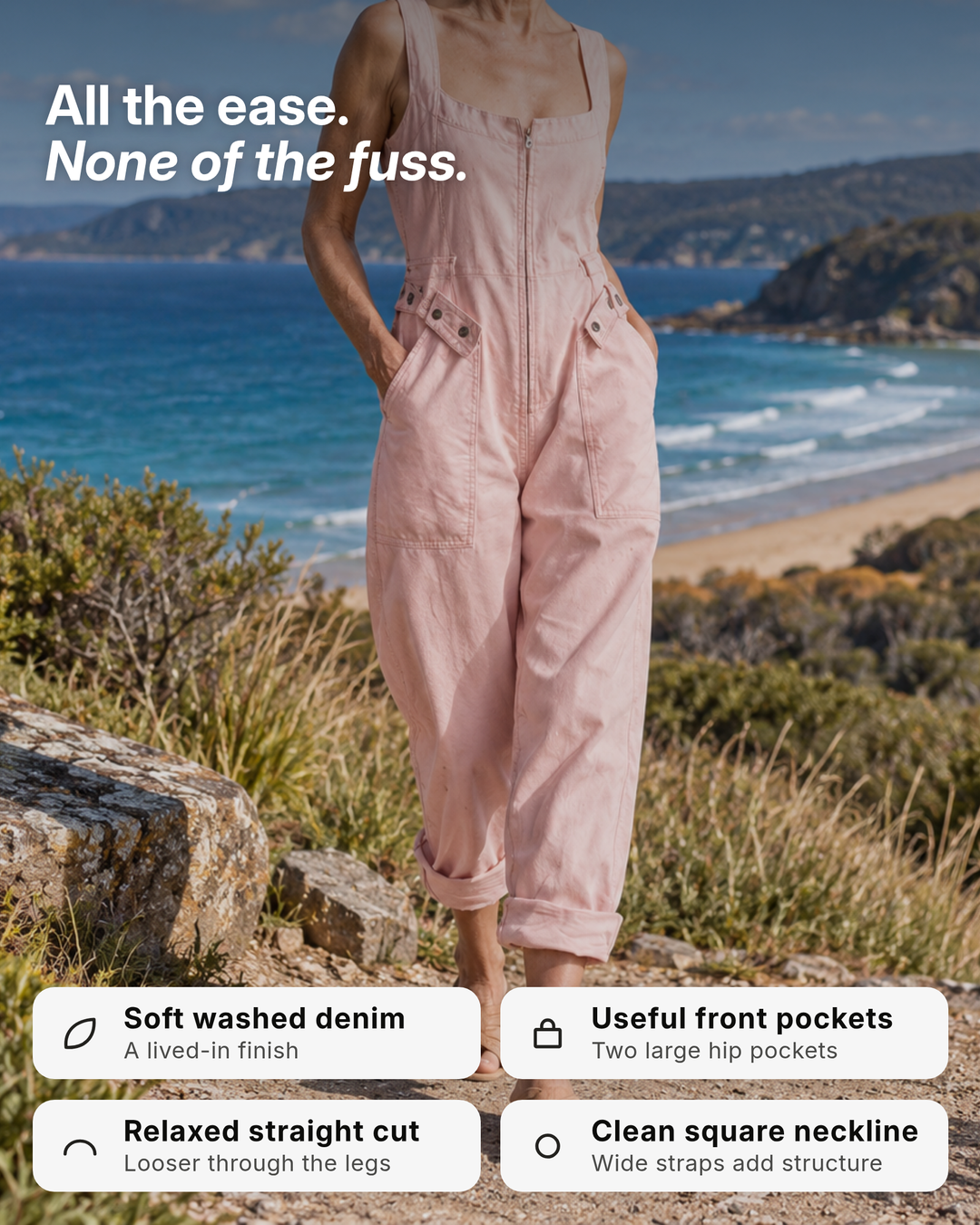 Selkie | Square-Neck Denim Jumpsuit benefits