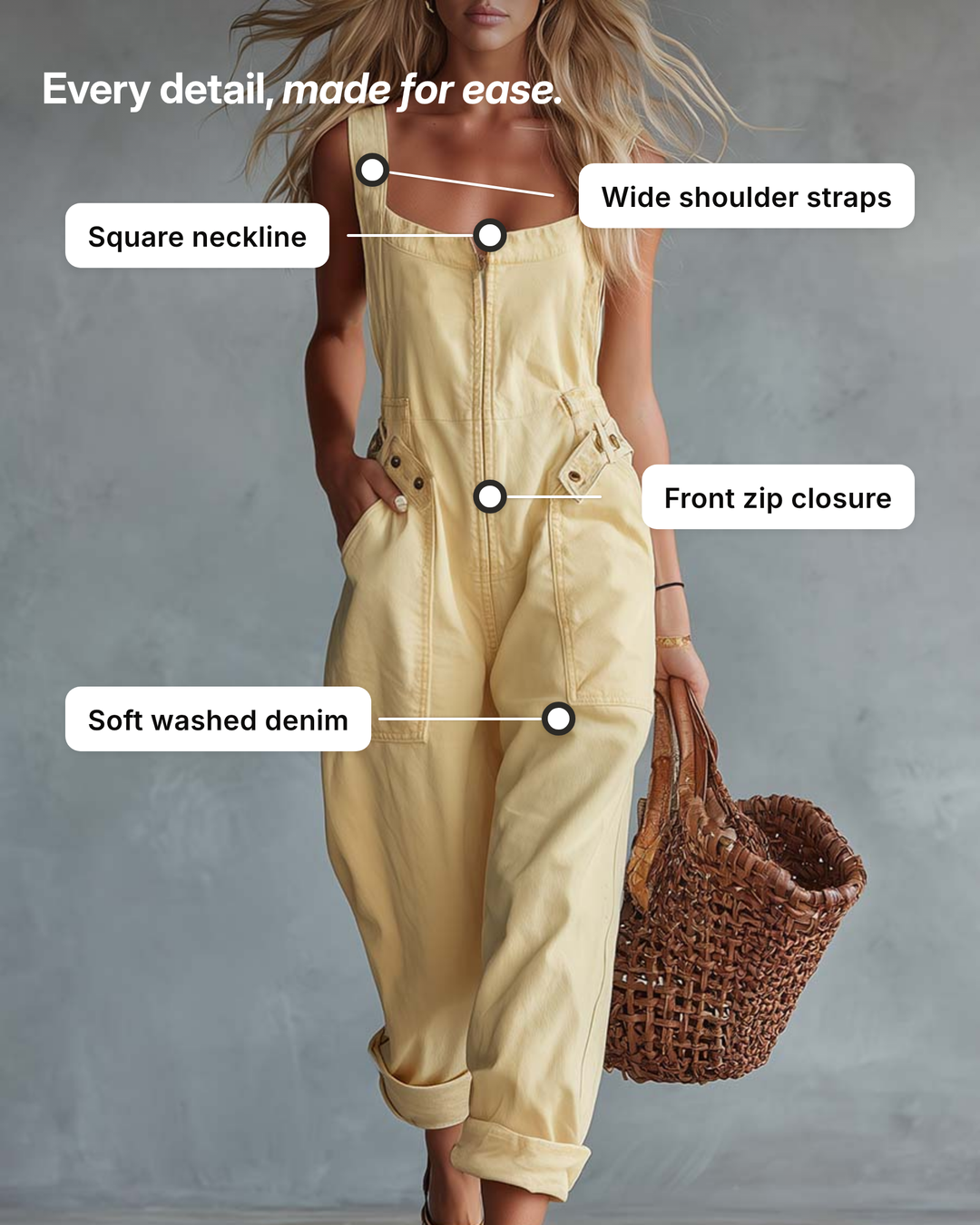 Selkie | Square-Neck Denim Jumpsuit details