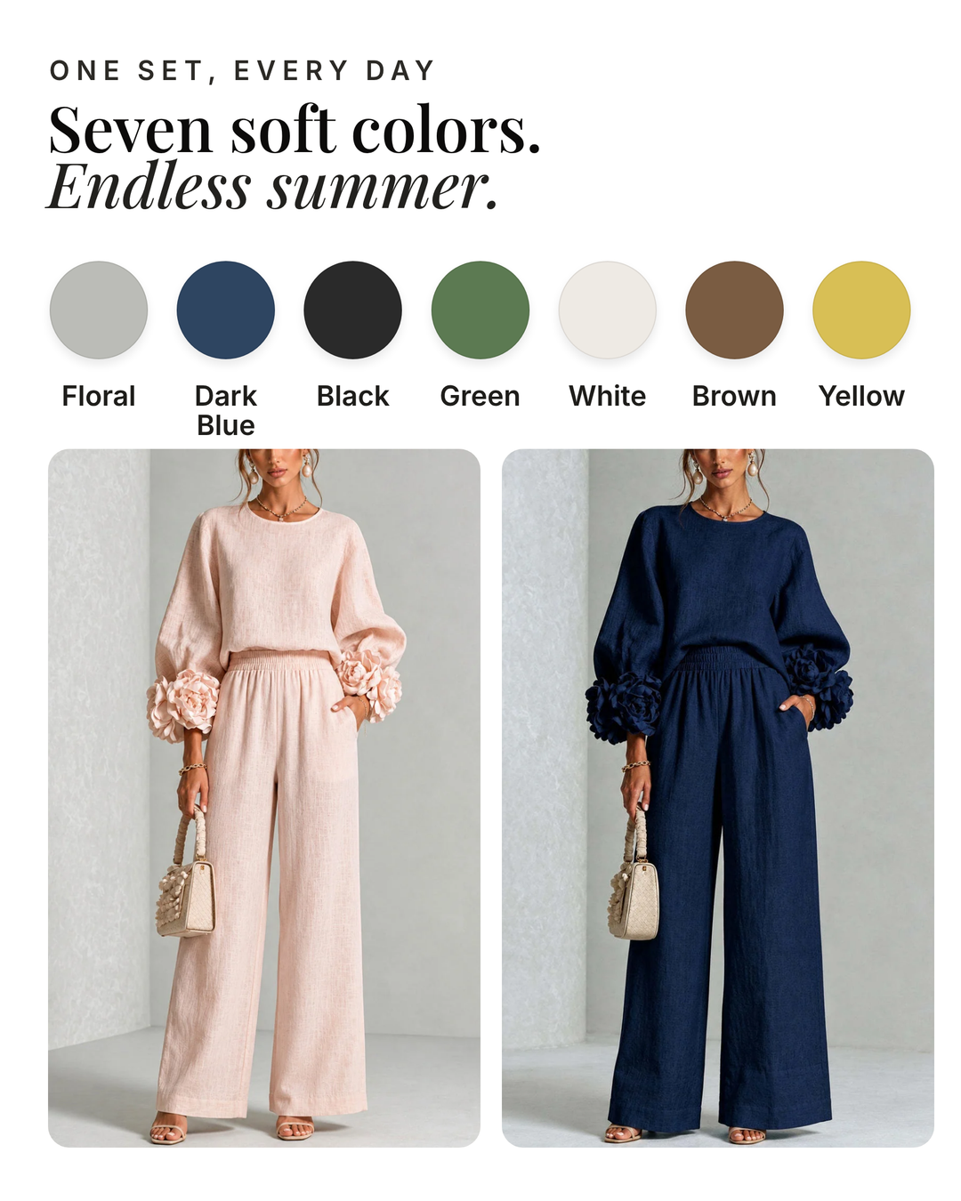Sharni | Floral Cuff Two-Piece Set available in 7 colours: floral, dark blue, black, green, white, brown, yellow