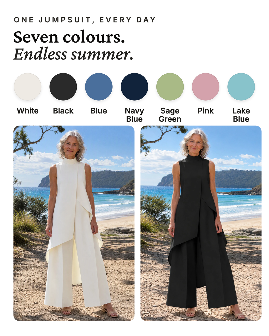 Sidonie | Asymmetric Layered Wide-Leg Jumpsuit available in 7 colours: white, black, blue, navy blue, sage green, pink, lake blue
