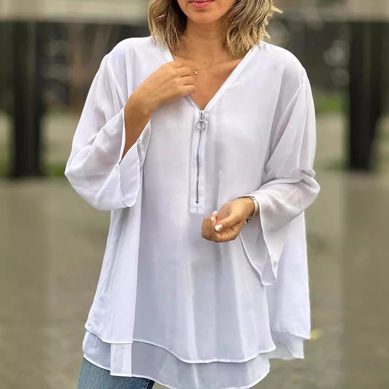 Ingrid | Flowy Chiffon Zip-Front Blouse
