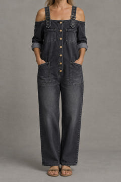 Off-Shoulder Denim Jumpsuit in black