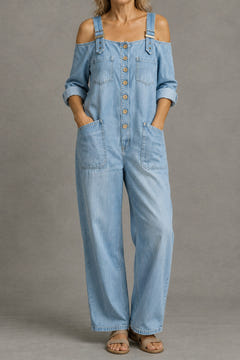 Off-Shoulder Denim Jumpsuit in light blue