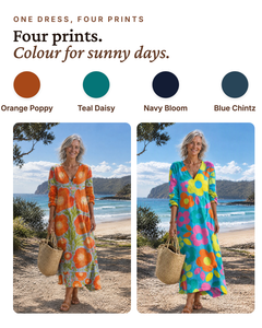 Sunny | Poppy Print Long-Sleeve Dress available in 4 colours: orange poppy, teal daisy, navy bloom, blue chintz