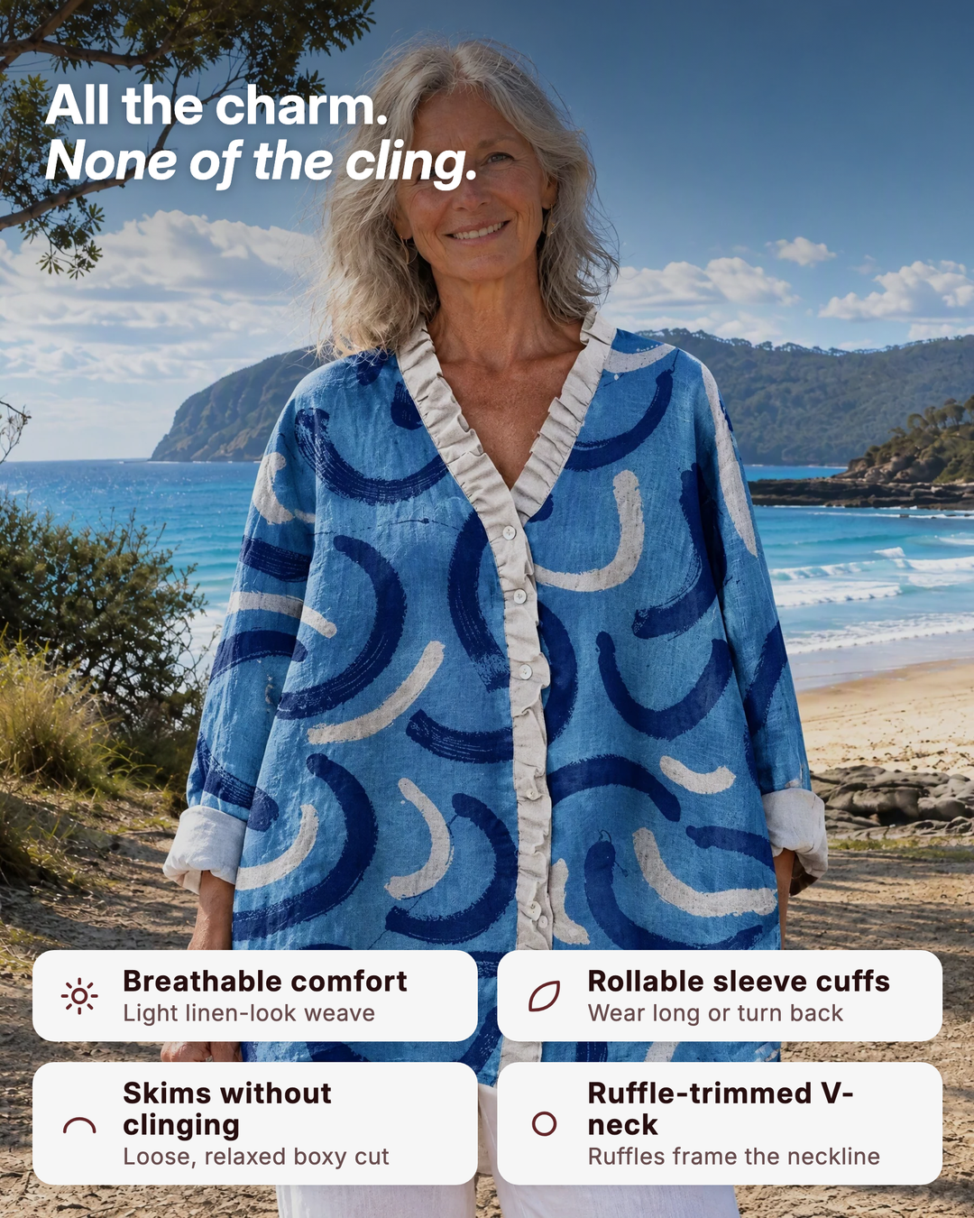 Tabitha | Ruffle-Front Print Shirt benefits