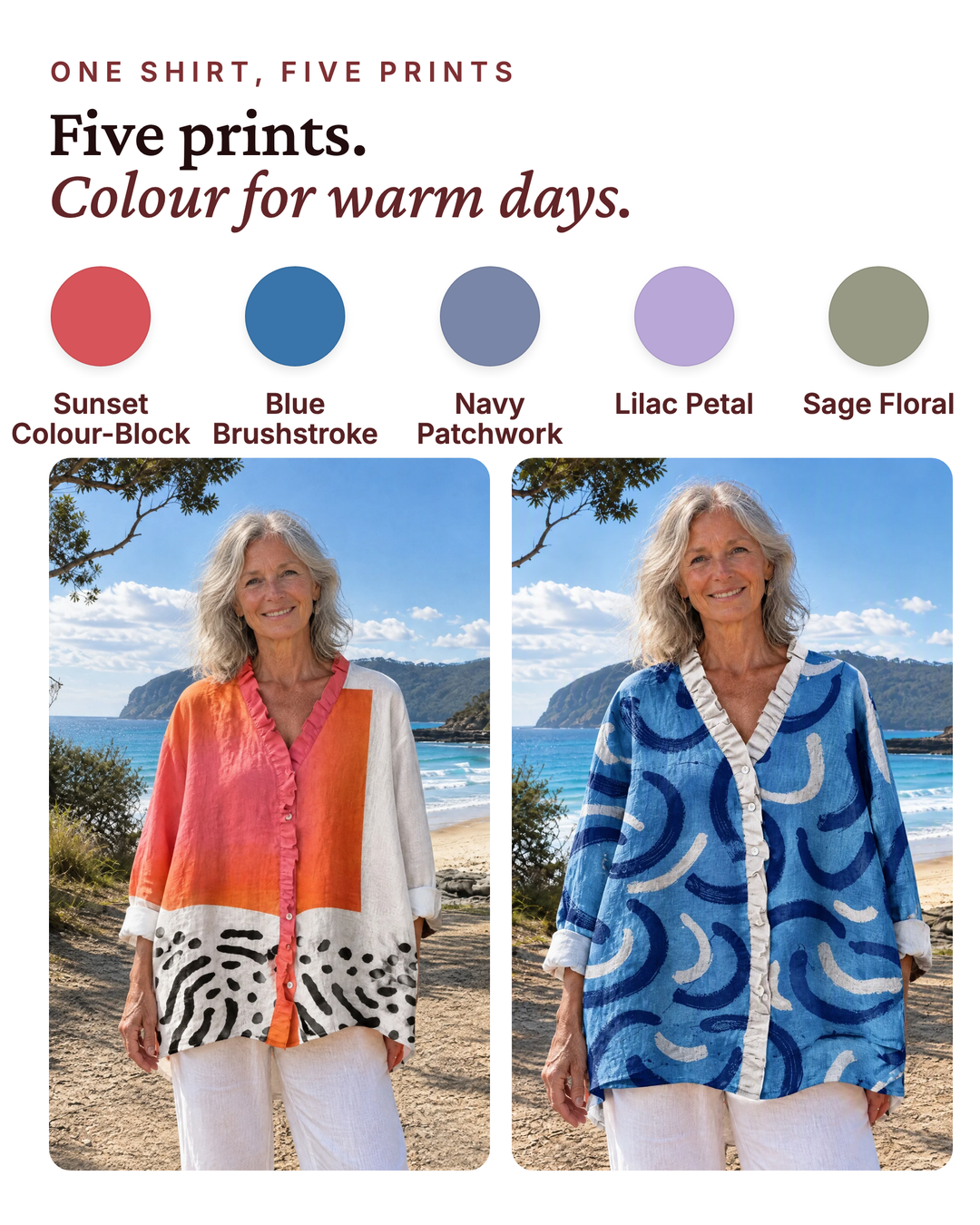 Tabitha | Ruffle-Front Print Shirt available in 5 colours: sunset colour-block, blue brushstroke, navy patchwork, lilac petal, sage floral