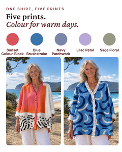 Tabitha | Ruffle-Front Print Shirt available in 5 colours: sunset colour-block, blue brushstroke, navy patchwork, lilac petal, sage floral