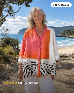 Tabitha | Ruffle-Front Print Shirt in sunset colour-block