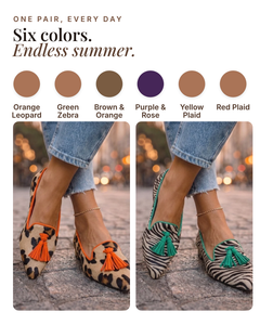 Ursa | Pointed Slip-On Flats available in 6 colours: orange leopard, green zebra, brown & orange, purple & rose, yellow plaid, red plaid