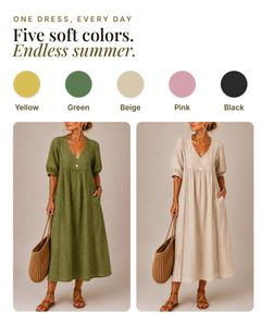 Van | Effortless Linen Midi Dress available in 7 colours: yellow, green, beige, pink, maroon, black, sky blue