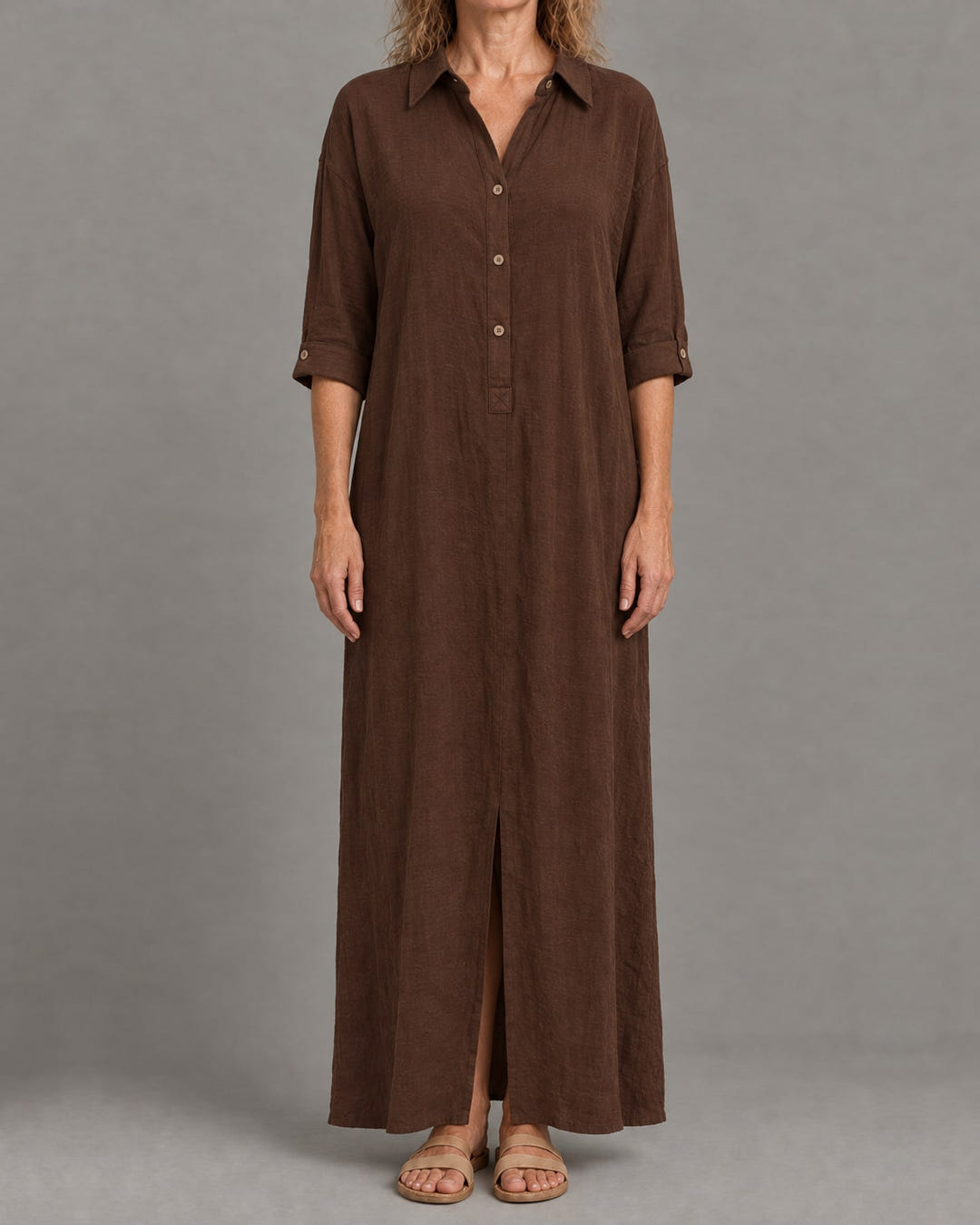 Linen-look maxi shirt dress in brown