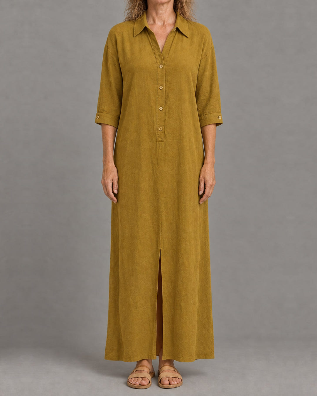 Linen-look maxi shirt dress in mustard