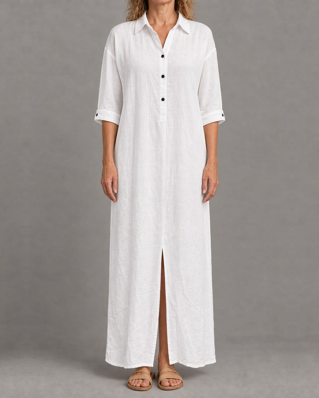 Linen-look maxi shirt dress in white with black buttons