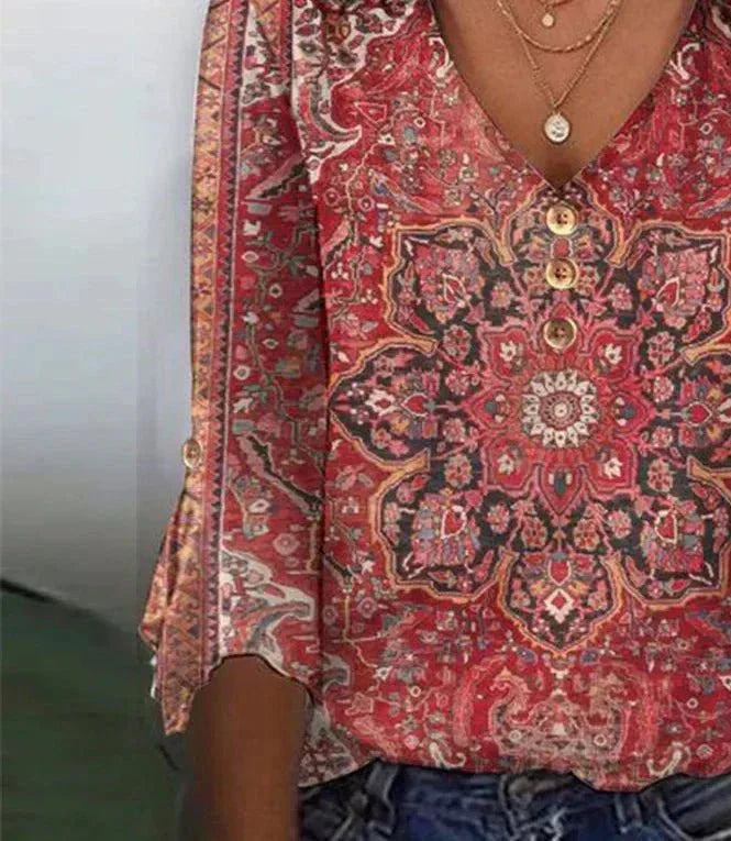 Mandy | Red Print V-Neck 3/4 Sleeve Top