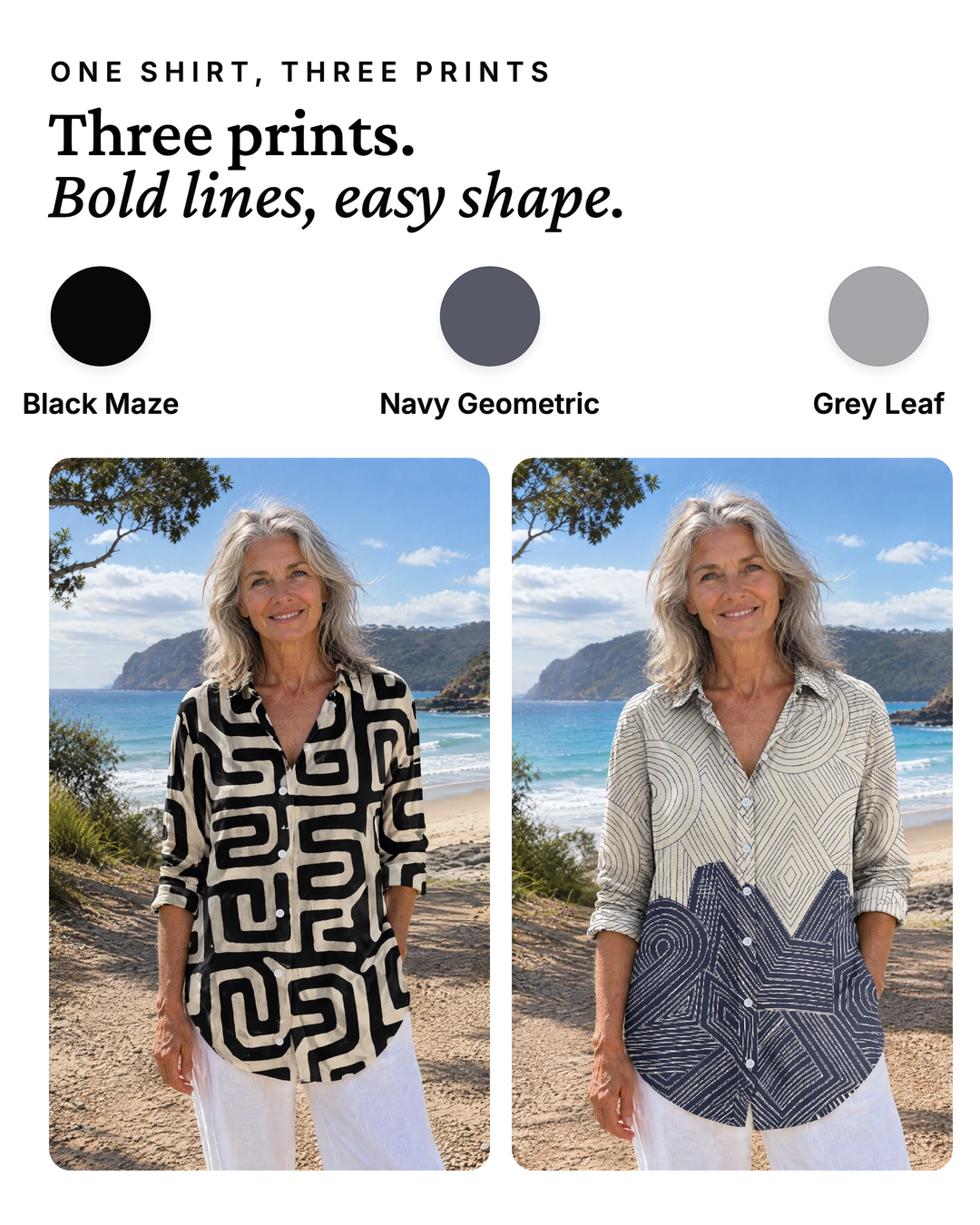 Zadie | Graphic Print Longline Shirt available in 3 colours: black maze, navy geometric, grey leaf