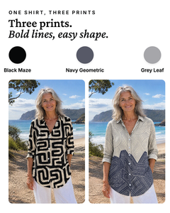 Zadie | Graphic Print Longline Shirt available in 3 colours: black maze, navy geometric, grey leaf