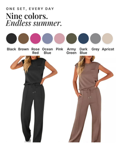 Zerelda | Relaxed Summer Co-Ord Set available in 9 colours: black, brown, rose red, ocean blue, pink, army green, dark blue, grey, apricot