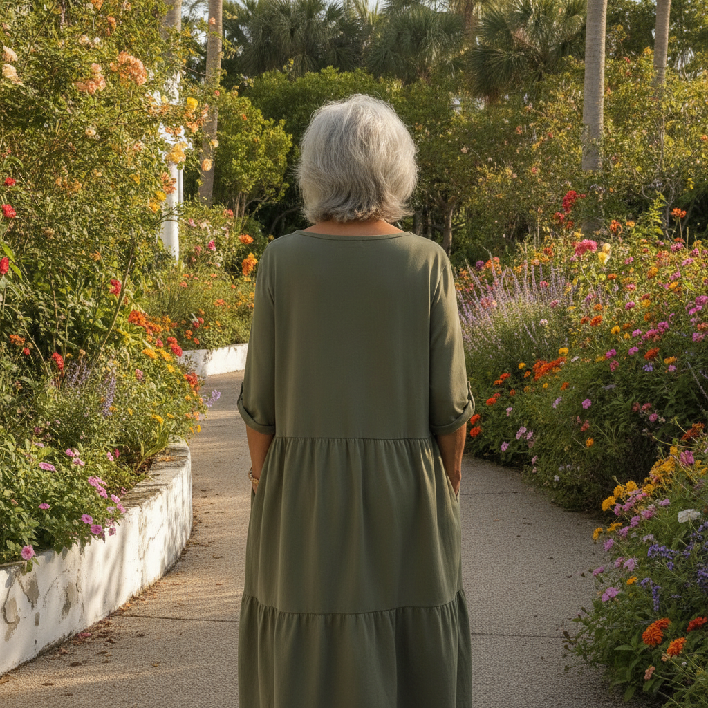 A woman in her sixties in an olive green cotton summer dress walking through an Australian flower garden