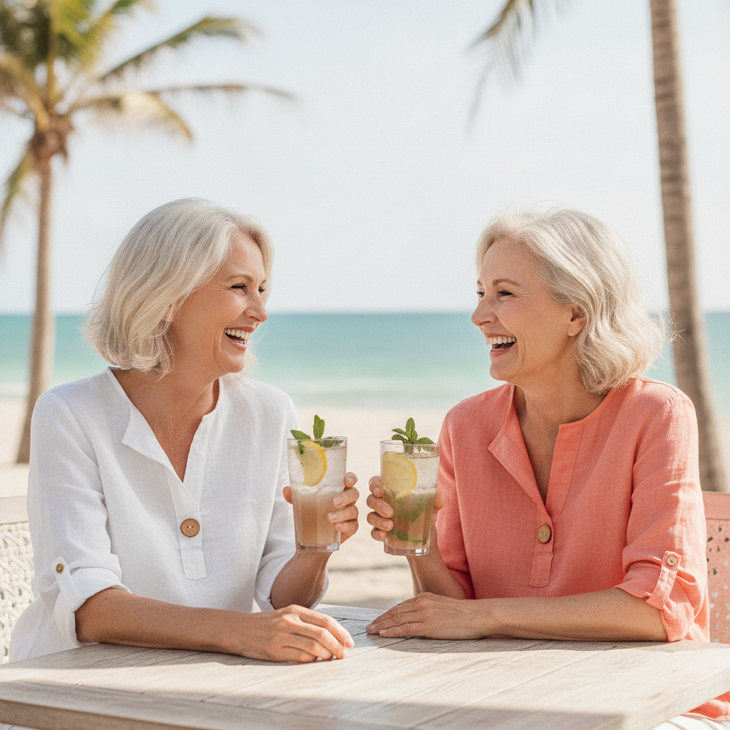 Two women over 50 in light summer tops laughing at a coastal cafe in the Queensland heat
