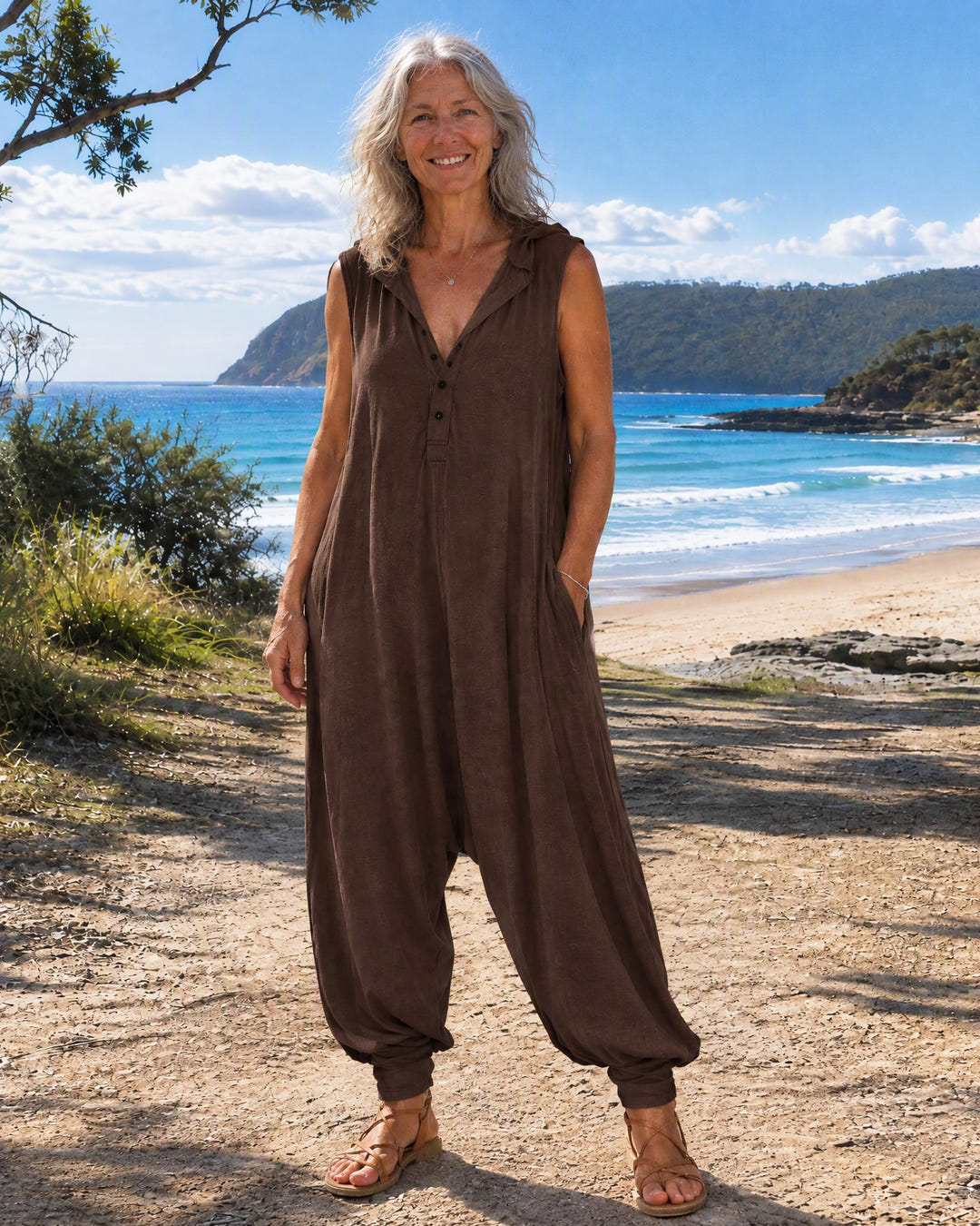 Rae | Casual Hooded Harem Jumpsuit on Bruny Island, Brown colourway
