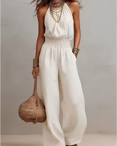 Dagny | Halter-Neck Smocked Linen Jumpsuit – White