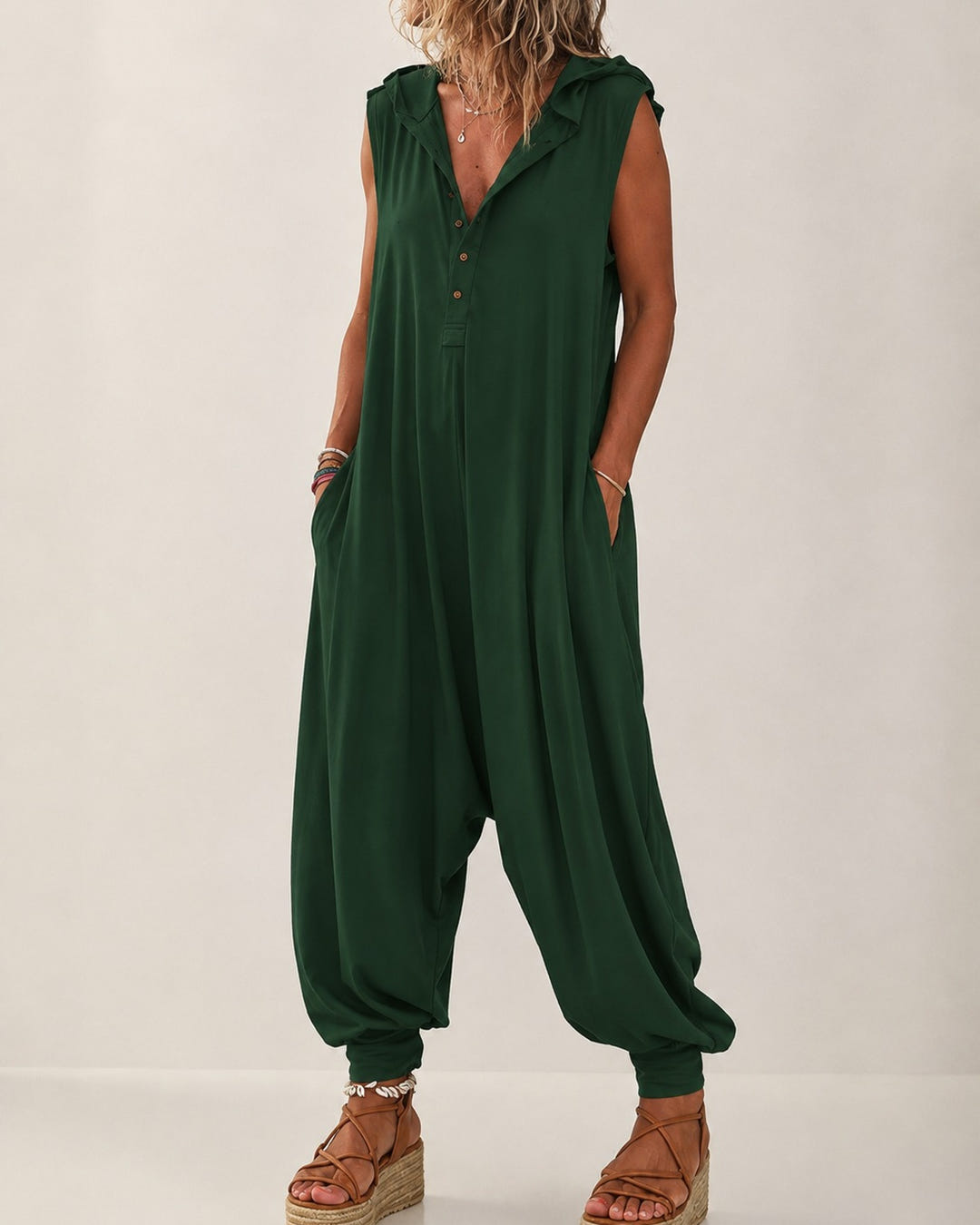 Rae | Casual Hooded Harem Jumpsuit – Dark Green